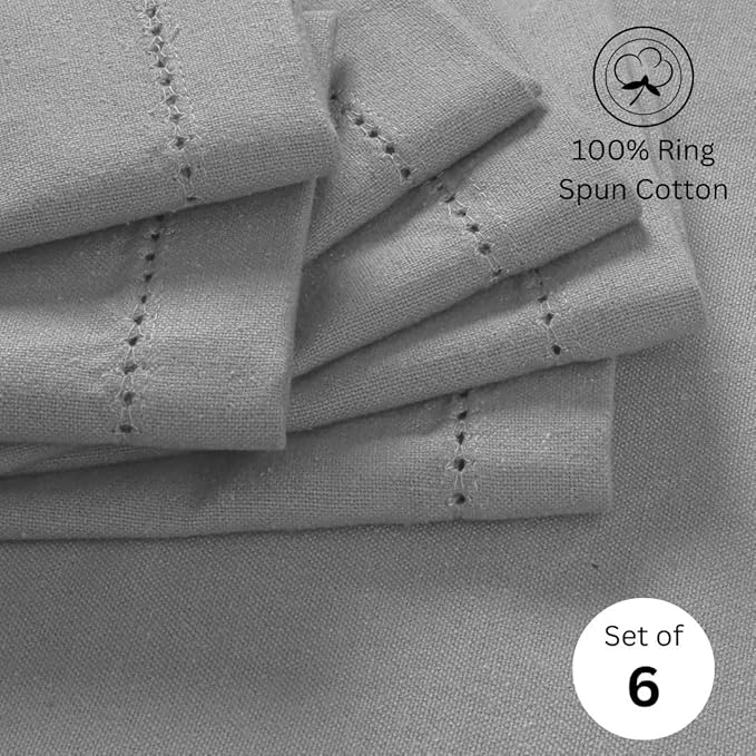 Hemstitch Cloth Dinner Napkins 100% Cotton Set of 6 - for Dining Special Occasions Weddings Parties Holidays Easter - Soft Durable Washable - 18x18 Inch Table Cloth Napkins Light Grey