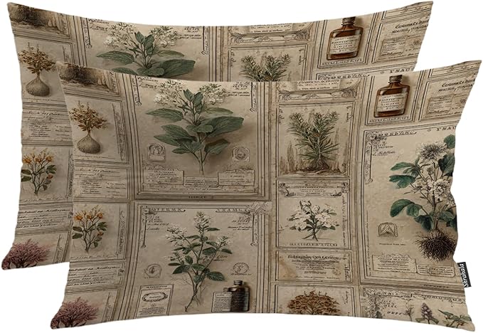 Shrahala Mythical Plants Specimen Labels Linen Pillowcases, Victorian Herbarium with Earth Tones Lumbar Pillow Cover Blended Double-Sided No Inserts for Bedroom Sofa Living Room Set of 2 (26 x 20 in)