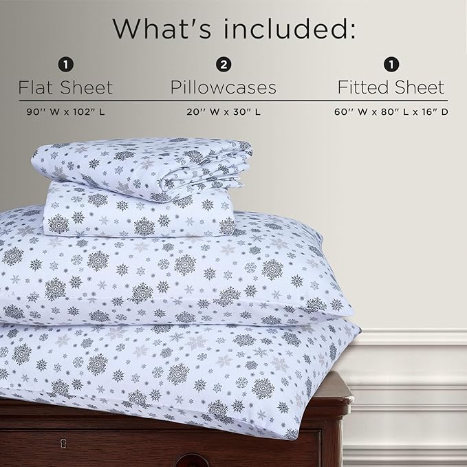 Briarwood Home® Printed Flannel Sheet Set, 100% Natural Cotton, Soft, Warm & Deep Pocket, Advanced Nano-Tech Making it Resistance to Pilling; Brushed 6 Times for Softness (Snowflakes, Queen)