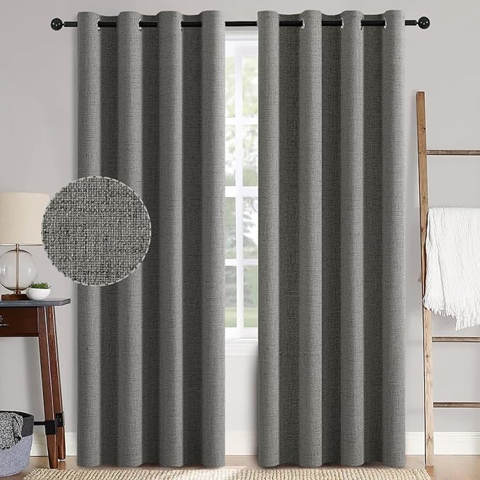 MIULEE Linen Texture Curtains for Bedroom Solid 100% Blackout Thermal Insulated Dark Grey Curtains Grommet Room Darkening Curtains/Draperies Luxury Decor for Living Room 52x72 Inch (2 Panels)