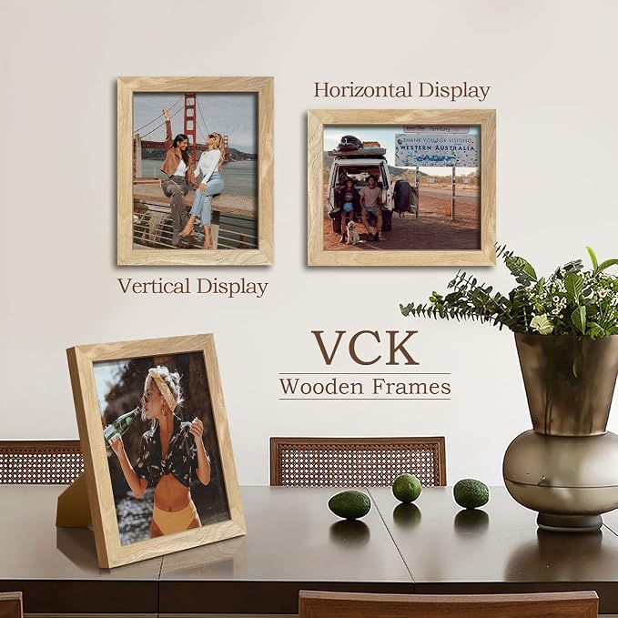 VCK 8x10 Picture Frame Set of 3, Natural Solid Wood Beige Frame with Exclusive Wood Grain, Tabletop Display & Wall Mounting for Home Decor