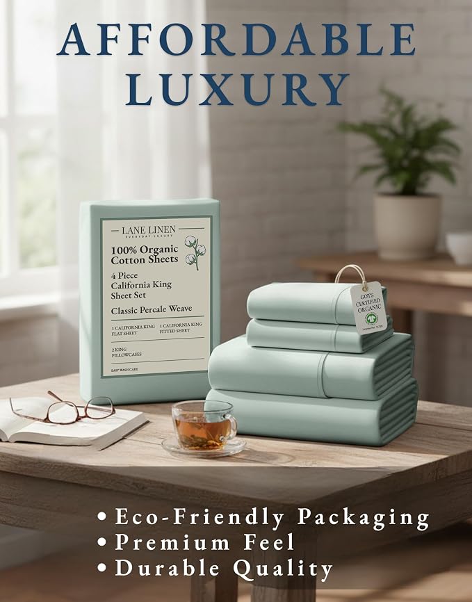 LANE LINEN 100% Organic Cotton California King Sheets Set, Soft & Comf Low Pill Fade Resistant Mercerized Cotton Fully Elasticized Cal King Sheets, Fits Mattress Upto 15" Deep -Cool Blue | Pure Long-Staple Organic Cotton Cal King Sheet Set - Easy-Care ...
