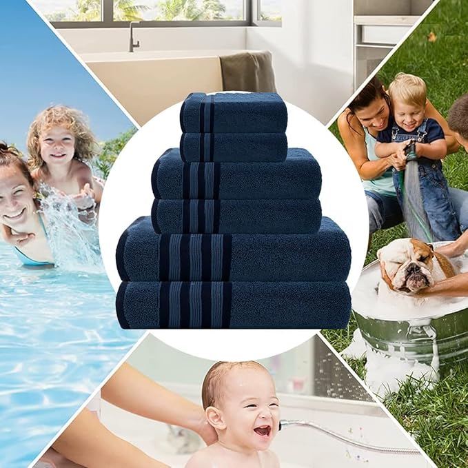 CASA COPENHAGEN Zero Twist 6Pcs 100% Egyptian Cotton Large Designer Towels Gift Set- Navy Blue, 600 GSM, 2Bath 2Hand 2Washcloths, Bath Towels for Bathroom Set for Women & Men