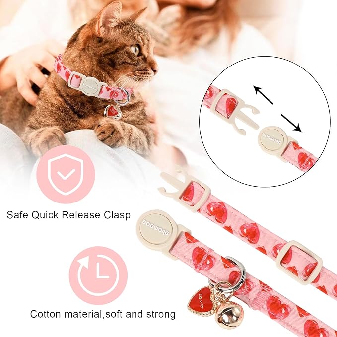 Cat Collar,2 Pack Cat Collars Breakaway with Bell, DOGWONG Safety Buckle Valentine's Day Cat Collar Pink Heart for Girl Boy Cats and Small Dogs，Adjustable 7-12 Inch,Pet Supplies Accessories