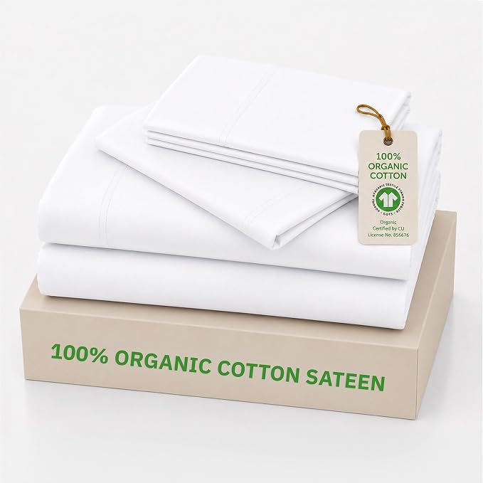 California Design Den Queen Sheet Set - 100% Organic Cotton, Soft and Lightweight Sateen, Deep Pocket Queen Sheets, Durable Bedding - White