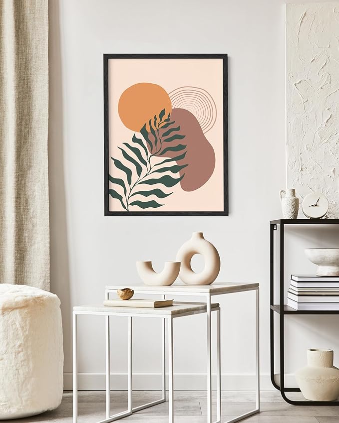 Boho Monstera Leaf Wall Art Abstract Sun Earth Tones Terracotta Mid Century Modern 16x20 Inch Oak Wood Black Framed Minimalist Botanical Print for Living Room Office