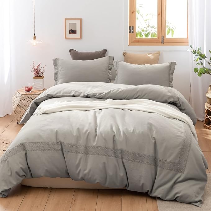 BISELINA Linen Duvet Cover Set 3pcs French Vintage Crocheted Lace Flax Cotton Blend Solid Color Shabby Chic Boho Luxury Farmhouse Bedding (King, Lace Grey)