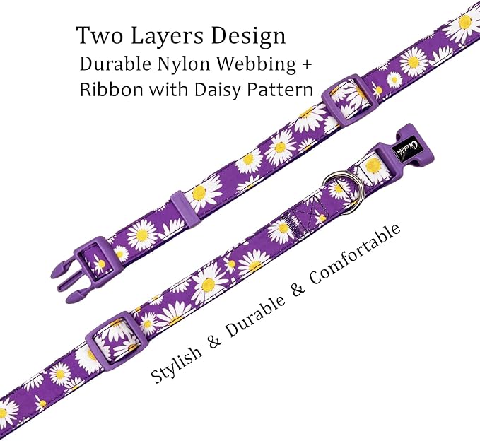 Dog Collar Leash Set, Floral Pattern, Nylon Webbing Plus Cotton Ribbon, 5ft Matching Leash, for Small Dogs.(S, Purple Daisy)