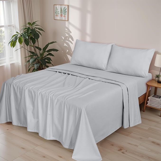 RUVANTI Flannel Sheets Queen Size - GOTS Certified 100% Organic Cotton, 4 Piece Warm, Soft & Breathable Set, Deep Pocket Snug Fit, Double Brushed Cozy All Season Bedding, Light Grey