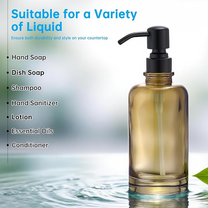 Glass Soap Dispenser Brown with Black Pump, 11 OZ Liquid Soap Dispenser Amber Cylindrical Bottle with Stainless Steel Pump for Dish Hand Soap Bathroom Kitchen Vanity Countertop