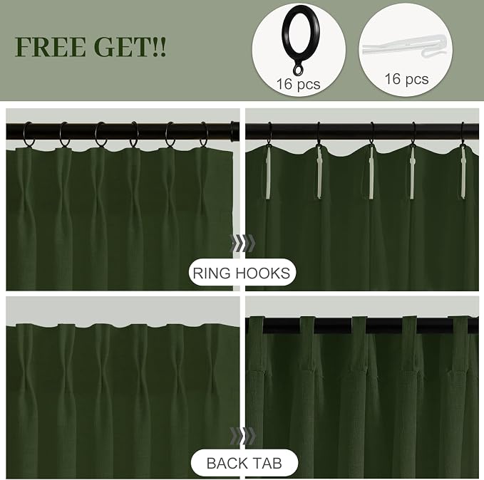IVAPUPU Pinch Pleated Curtains 90 Inch Length 2 Panels for Living Room, Light Filtering Linen Blend Semi Sheer Pleated Curtain with Rings Modern Back Tab Drapes for Bedroom Office, 40x90, Olive Green