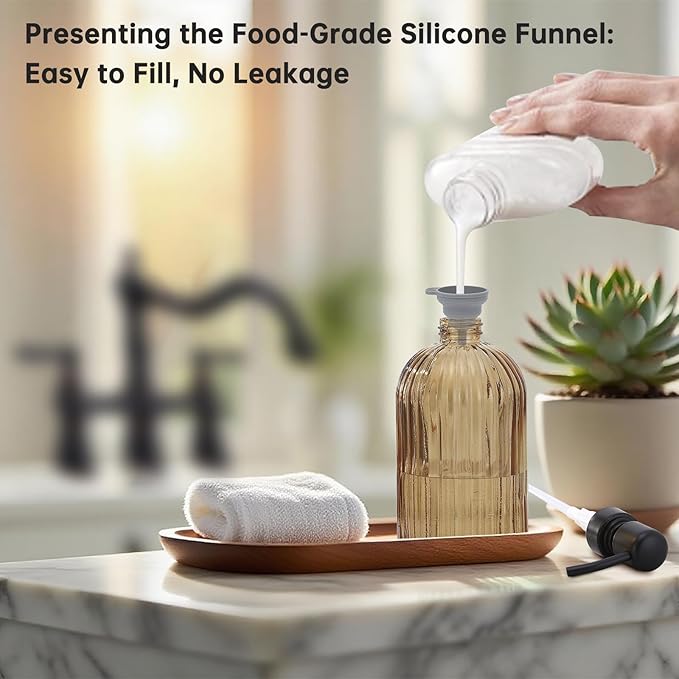 16 OZ Amber Glass Soap Dispenser, Amber Stripe Bathroom Hand Soap Dispensers with Stainless Steel Bronze Pump,Brown Glass Kitchen Hand Soap Dispenser with Oil Rubbed Bronze Pump,2 Packs