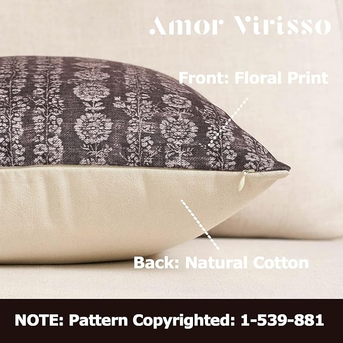 Amor Virisso Vintage Floral Throw Pillow Covers 18x18 Striped Farmhouse Block Print Pillow Cover Boho Neutral Decorative Pillows for Living Room Bed, Dark Brown
