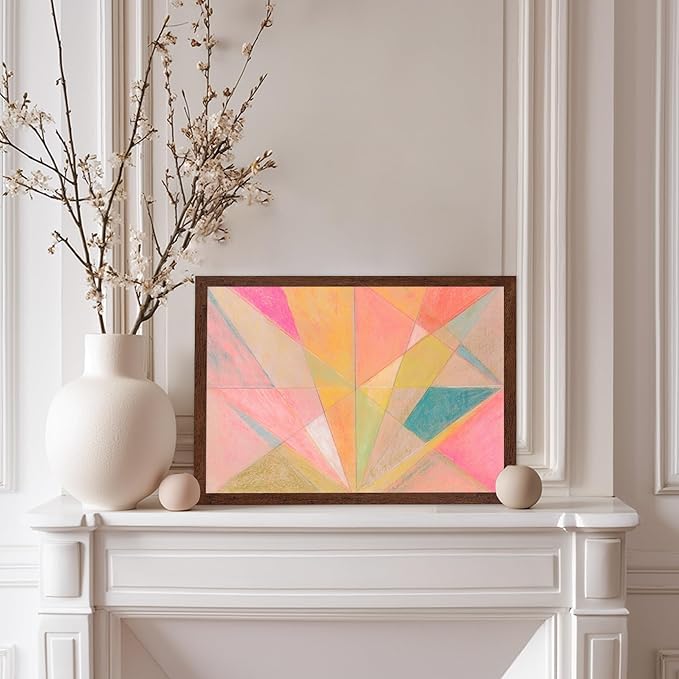 Monem Art Colorful Geometric Abstract Painting Print - Pastel Art Deco Style Art Poster - Wall Decor for Living Room, Bedroom or Office - 8x10 Brown Framed Wall Art by Renee Stramel