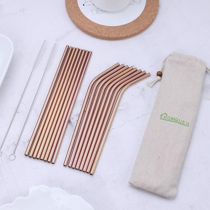18 Piece Copper Stainless Steel Straws, 8.5 '' Reusable Rose Gold Drinking Straws,with Portable Pouch (8 Straight/8 Bent/2 Brushes)