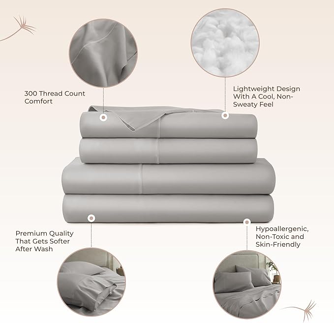 100% Organic Cotton Sheets Queen Size - GOTS Certified Organic Bed Sheets with Deep Pocket 300 Thread Count & Cozy Sateen Weave Softer with Each Wash - Luxury 4 Piece Set (Classic Grey, Queen)