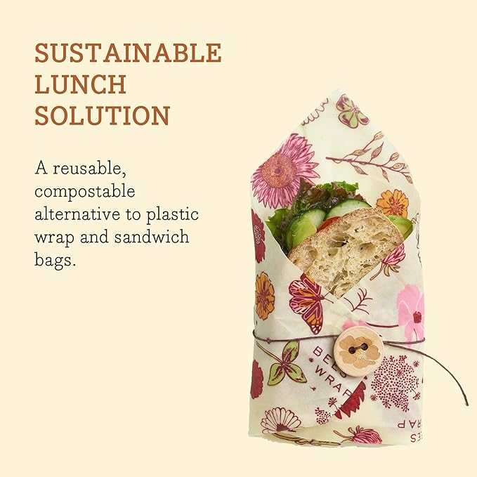 Bee's Wrap Vegan Beeswax Sandwich Wrap - Beeswax Lunch Wrap with Button & Tie - Plastic Free Made in USA Reusable Natural Food Wrap - Meadow Magic
