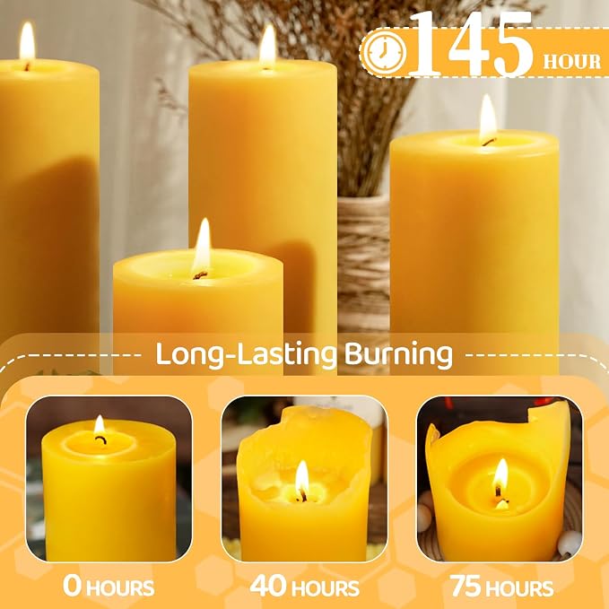2.8x8in Beeswax Pillar Candles-2pcs,290 H Long Burning,Emergency Beeswax Candles,Non Toxic Natural Bees Wax Candles for Home