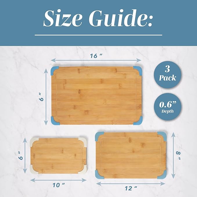 COOK WITH COLOR Non-Slip Cutting Board Set – Kitchen Essentials with Easy Grip Handle for Meat, Veggies, and Fruits, 3 Cutting Boards, Bamboo Non-Slip Light Blue