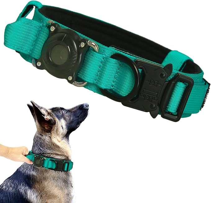 Upgraded AirTag Dog Collar,Waterproof Tactical Dog Collar with AirTag Holder, Control Handle and Metal Buckle,Heavy Duty Dog Collars for Large Dogs (Teal，XL