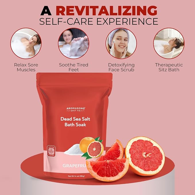 Aromasong Dead Sea Salt - Fine Grain Spa Salt Grapefruit Scent 14 Oz – 7 Uses Per Pack - Pure & Natural - Used for Body wash Scrub - Soak for Women & Men for Skin Issues and to Relax Tired Muscles