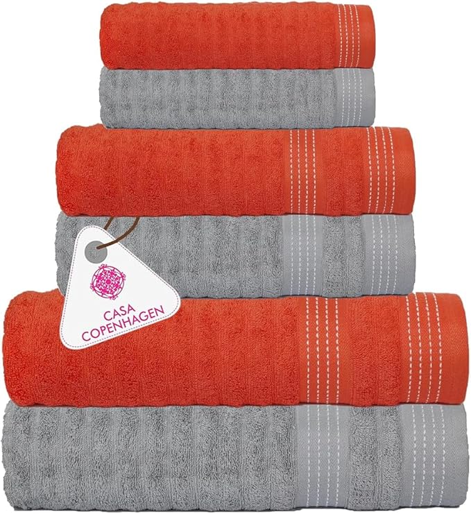 CASA COPENHAGEN Elegance 6Pcs 100% Egyptian Cotton Large Designer Towels Gift Set- Grey Violet-Peach, 550GSM, 2Bath 2Hand 2Washcloths, Bath Towels for Bathroom Set for Women & Men