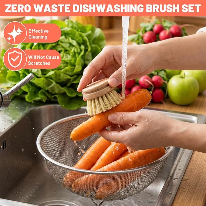 12 Pcs Bamboo Dish Brush Replacement Heads, Small Wooden Dish Brushes for Cleaning Natural Sisal Bristle Refills Eco Friendly Wood Compostable Scrubber Heads for Kitchen Dishes Cleaning Supplies