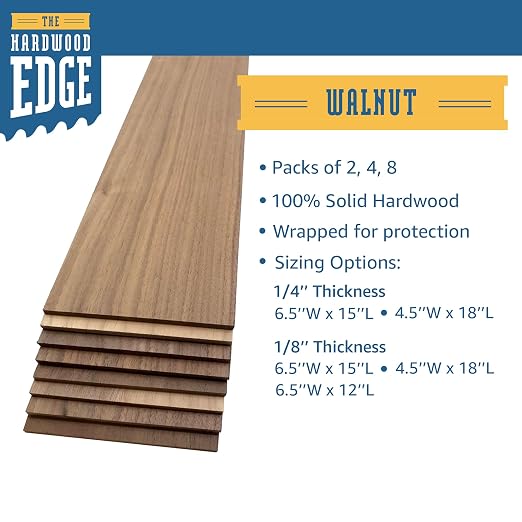 Walnut Hardwood Planks - 2-Pack Walnut Wood for Unfinished Wood Crafts - 1/8’’ (3mm) 100% Pure Hardwood - Laser Engraving Blanks - Solid Hardwood Planks for Crafts and Gifts