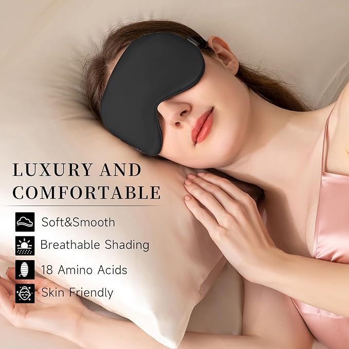 THXSILK 100% Pure 19 Momme Mulberry Silk Sleep Eye Mask Super Smooth Cooling Blackout for Women/Man/Kids Eye Cover with Wide Head Strap Good Night Sleep Comfortable Travel and Nap, Black