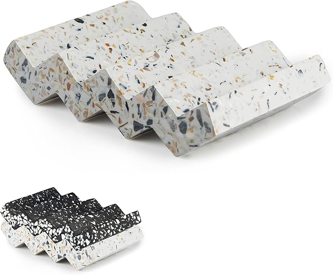 Tapeera Zig Zag Terrazzo Stone Soap Dish for Bathroom Sink - Concrete Soap Saver for Bar Soap Holder for Shower - Sponge Holder - Self Draining Soap Dish Holder - Kitchen Soap Tray (White)