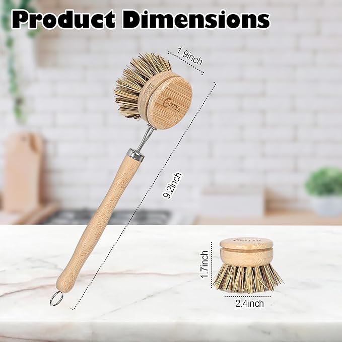 Bamboo Dish Scrubber with Handle - Hard Bristle, Natural Dish Brush Sustainable & Biodegradable, Bamboo Wok Brush for Dishes, Pans and Pots