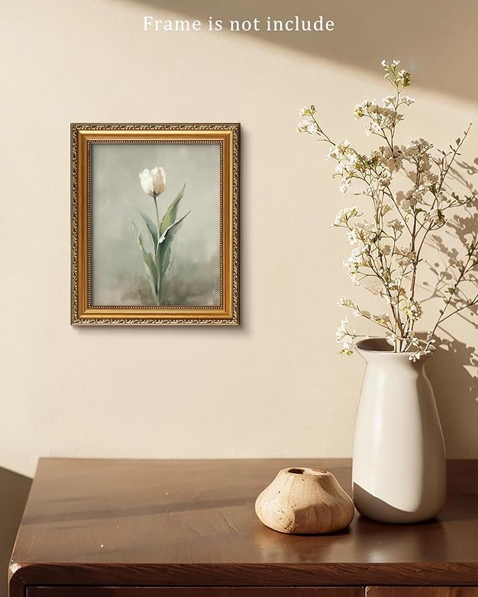 Vodefoad Vintage Neutral White Tulip Wall Art, Neutral White Tulip Wall Art, Minimalist Spring Flower Painting, Retro Botanical Print, Eater Farmhouse Decor for Gallery Home Bedroom Farmhouse Bedroom - 8x10Inch Unframe