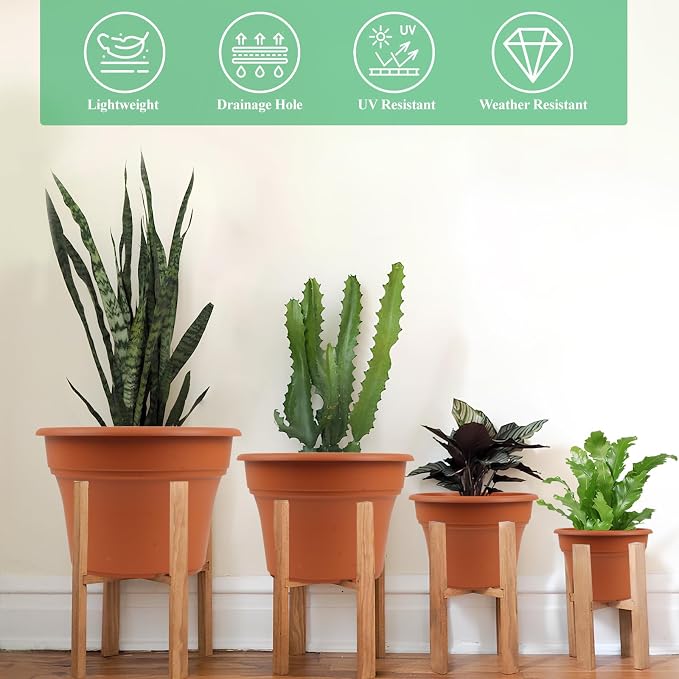 Pottiffe 16 inch Plastic-Flower-Pot-for-Indoor-Plants, 4 Pack Large Outdoor Planter Pot with Drainage Holes & Saucers, Resin Decorative Garden Pots Planters