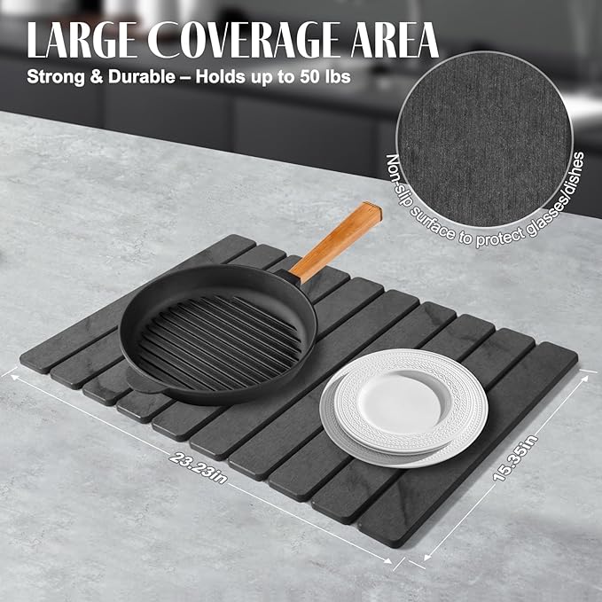 Large Stone Dish Drying Mats for Kitchen Counter, 24"(L)×16"(W) Marble Pattern, Quick Dry Collapsible Dish Drying Mat, Eco-Friendly Absorbent Diatomaceous Earth Mat for Dishes Bottles Cups - Dark Gary