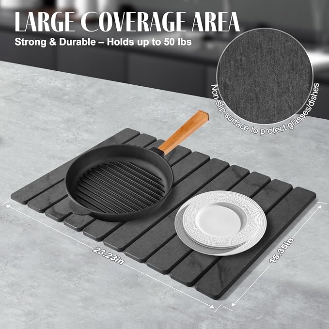 2 PCS Large Stone Dish Drying Mat for Kitchen Counter, 24"×16" Marble Dish Drying Mat with 8"x 4" Coasters, Non - Slip Collapsible Absorbent Mat for Multi - Purpose, Match Any Countertop - Grey
