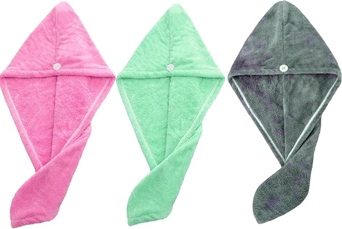 Microfiber Hair Drying Turban Towels, Pack of 3 (Green-Pink-Grey)