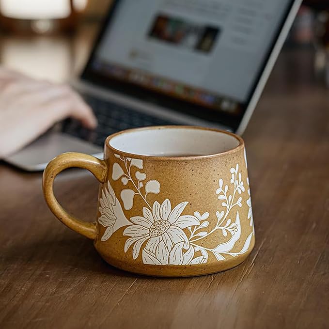 16OZ Ceramic Coffee Latte Mug, Cute Cup for Women, Ideal for Green Tea or Coffee,Hand Painted Floral Design Pottery Mug(Asagao)