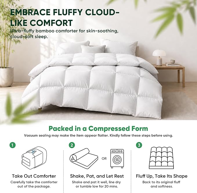 Cooling All-Season Down Alternative Comforter, Silver-Treated Lightweight Duvet Insert, Cool-to-The-Touch Bedding, 100% Bamboo Viscose Outer Cover - White, Queen