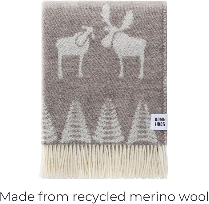 JJ Textile Moose Brown Throw New Wool & Recycled Merino Sheep Wool- Soft & Cosy with a Reversible Design - Sustainable Throw for Bed, Sofa & Home Decor - Large Blanket 190cm x 130cm.