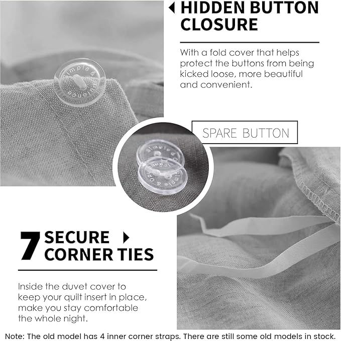 Simple&Opulence 100% Linen Duvet Cover Set 3pcs Basic Style Natural French Washed Flax Solid Color Soft Breathable Farmhouse Bedding with Button Closure - Light Grey, King