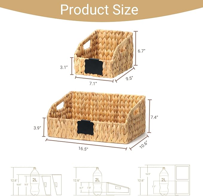 Wicker Baskets for Organizing,Pantry Baskets with Built-in Handles, Handwoven Wicker Storage Basket, Water Hyacinth Storage Bins for Shelves, 3 Pack, Natural 4 Set