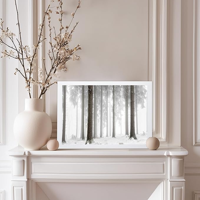 Monem Art Foggy Winter Forest Photography Print - Minimalist Snowy Landscape Poster - Wall Decor for Living Room, Bedroom or Office - 12x16 White Framed Wall Art by Mareike Bohmer