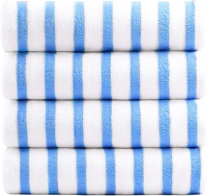 JML Microfiber Beach Towels, 4 Pack, 30" x 60", Cabana Stripe, Soft, Absorbent, Quick Dry Large Bath Towel Set for Adult, Travel, Summer Pool Party, Sport, Swimming, Yoga, Camping, StripeBlue