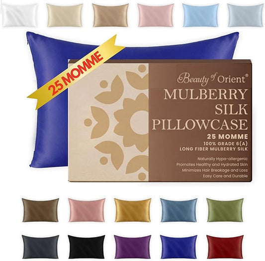25 Momme Premium Mulberry Silk Pillowcase for Hair and Skin | Handcrafted Hypoallergenic & Anti-Acne Silk Pillow Cases with Zipper Standard - 20" x 26", Royal Navy