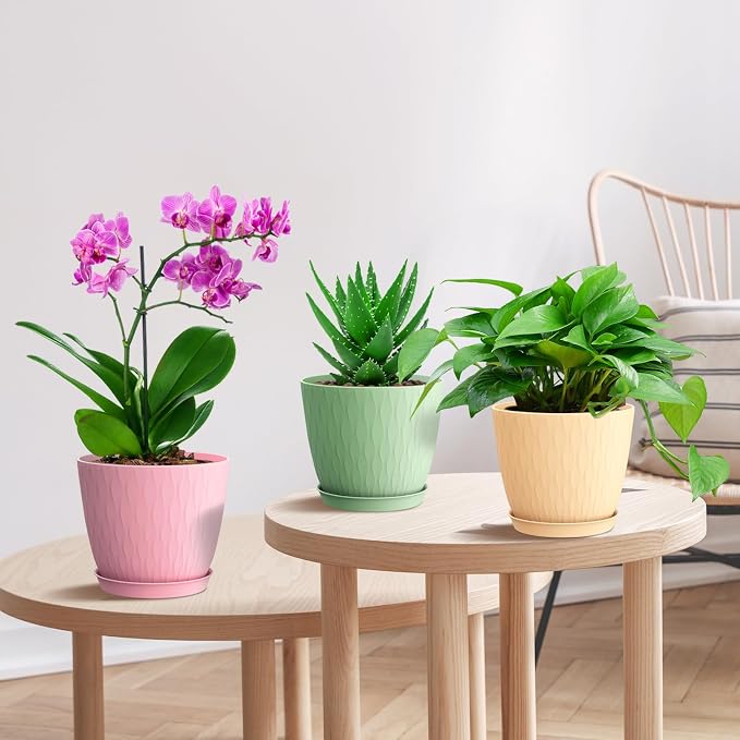 WSMKSZ 6 inch Flower Pots, 5 Pack Plant Pots with Drainage Holes and Saucers for Indoor Plants, Plastic Planters with Water Ripple for Small Garden House Plants, Nursery Pots for Succulent, Colorful