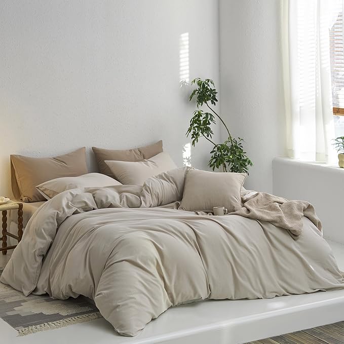 MooMee Full Duvet Cover Set, 100% Washed Cotton Linen Like Twill Thick Sturdy Material Super Soft Breathable Durable Bedding for All Season, 3 Pieces (Cream Grey, Full 80"x90")