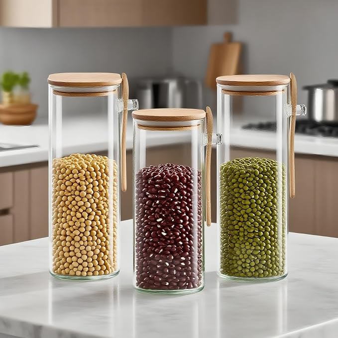 Airtight Glass Food Containers with Lids and Spoon Set of 3(1200ml/40.58Oz) - Clear Glass Pasta Storage Containers - Stackable Glass Containers with Bamboo Lids for Coffee,Tea,Sugar,Cereal,Flour