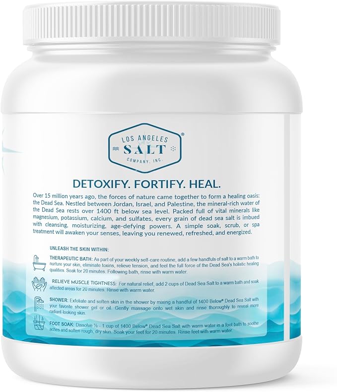 LA SALT CO 1400 Below 5 Lbs Jar Dead Sea Salt, Fine Grain - Foot and Spa Bath Soak, Exfoliating Body Scrub, 100% Pure and Mineral-Rich, Highest Mineral Content – Natural Muscle Tension Relief