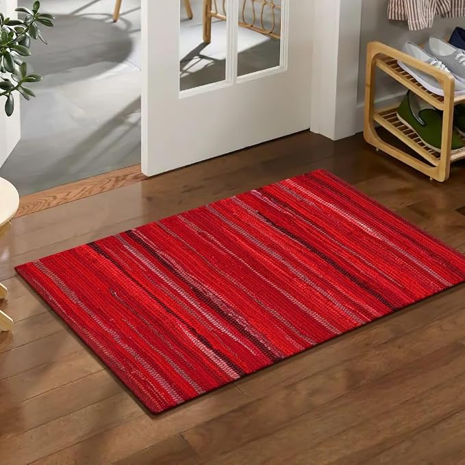 WeWove Hand Woven Chindi Rug Cotton - Boho Rustic Farmhouse Area Accent Throw Rug - Area Floor Carpet for Bedroom Living Room Kitchen Dorm Entryway Hallway - 20x32 inch Area Rug Red Multi