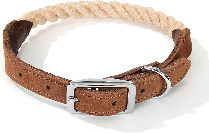 Mile High Life Genuine Leather Dog Collar, Durable Braided Cotton Rope Collar with Metal Pin Buckle for Small Medium Large Dogs (Light Brown, M Neck 15"-18")
